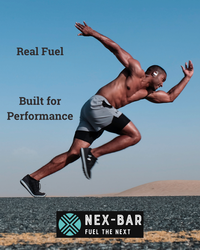 Man running on a road with 'Nex-Bar' advertisement text overlay