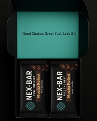 Two Nex-Bar Mocha Refuel bars in a packaging with a teal label on a black background.