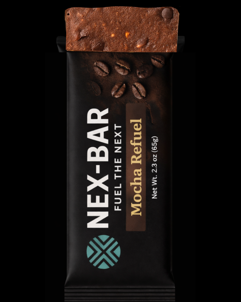 Nex-Bar Mocha Refuel energy bar on a black background
